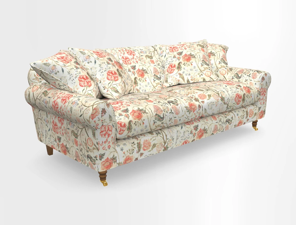 Walberswick 3 Seater Sofa in Etta's Bouquet Sunset Moss with scatters in Sussex Stripe Brick and Snape Chair in Almost Plain Velvet Spring