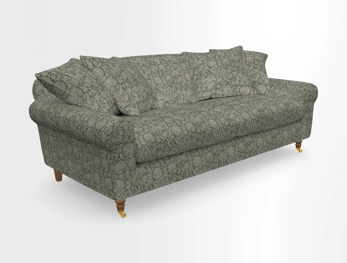 Walberswick 3 Seater Sofa in Etta's Bouquet Sunset Moss with scatters in Sussex Stripe Brick and Snape Chair in Almost Plain Velvet Spring