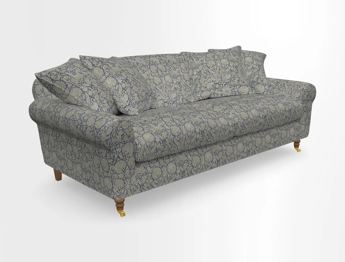 Walberswick 3 Seater Sofa in Etta's Bouquet Sunset Moss with scatters in Sussex Stripe Brick and Snape Chair in Almost Plain Velvet Spring