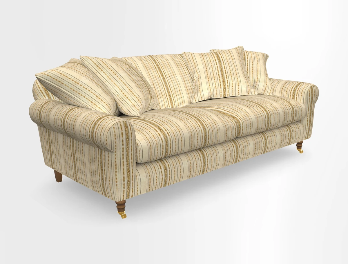 Walberswick 3 Seater Sofa in Etta's Bouquet Sunset Moss with scatters in Sussex Stripe Brick and Snape Chair in Almost Plain Velvet Spring