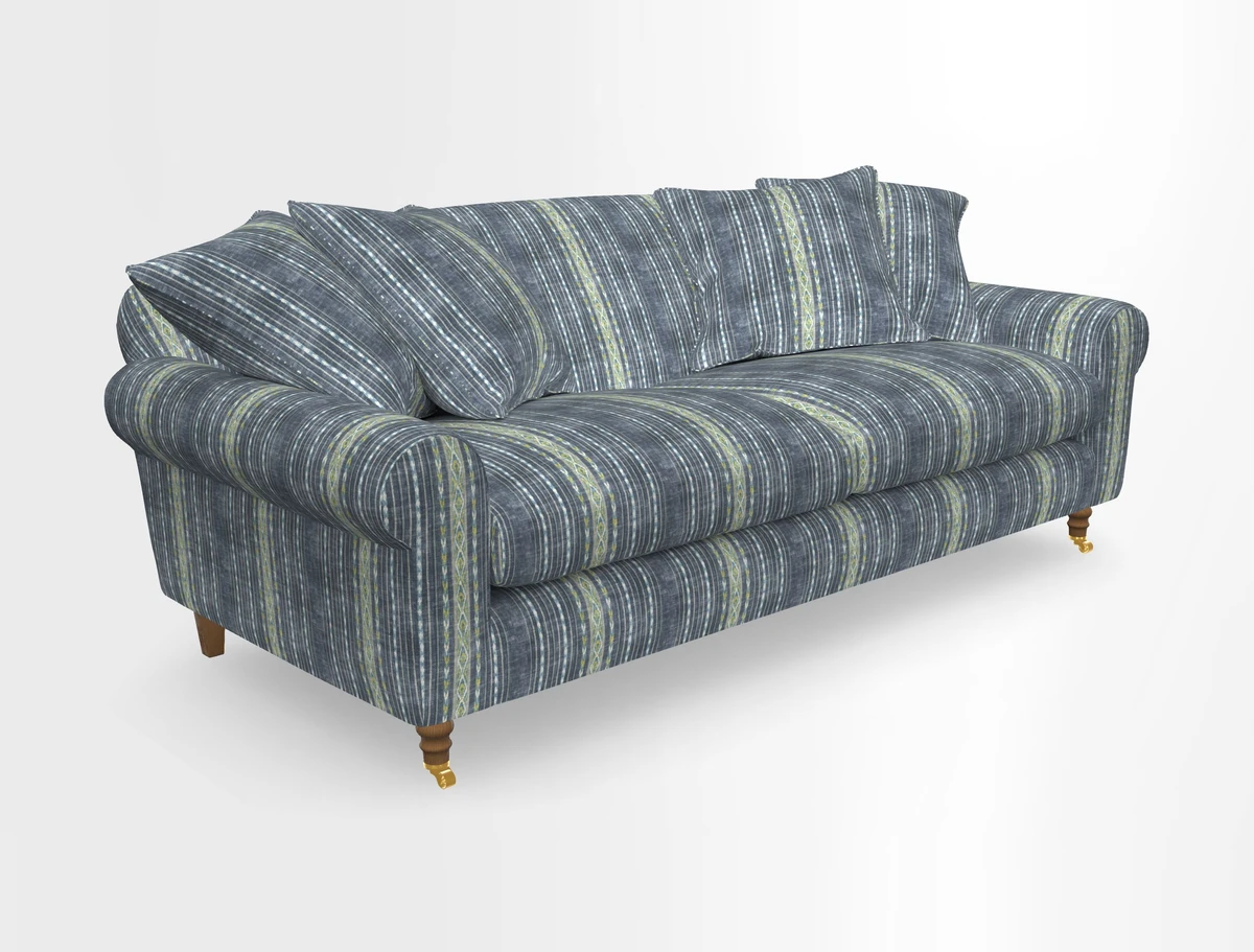 Walberswick 3 Seater Sofa in Etta's Bouquet Sunset Moss with scatters in Sussex Stripe Brick and Snape Chair in Almost Plain Velvet Spring