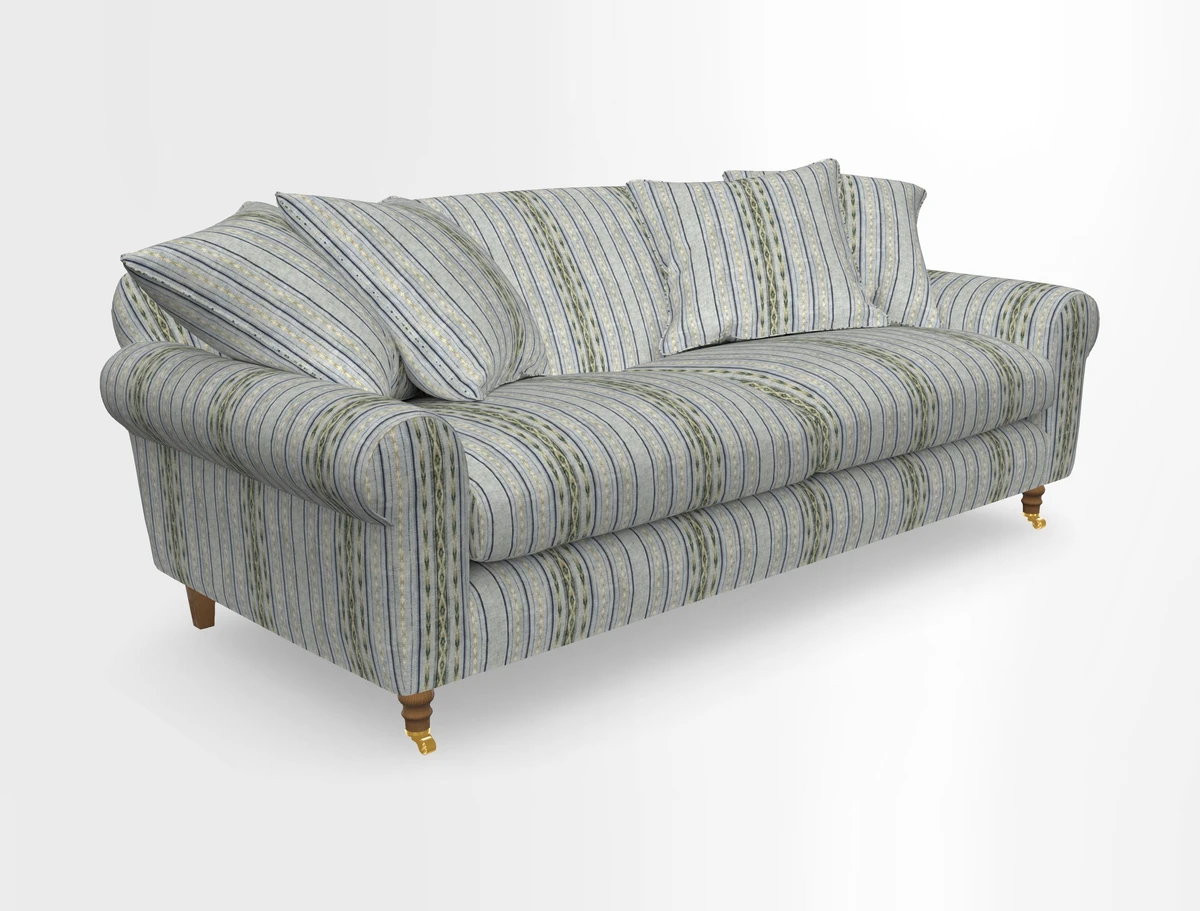 Walberswick 3 Seater Sofa in Etta's Bouquet Sunset Moss with scatters in Sussex Stripe Brick and Snape Chair in Almost Plain Velvet Spring