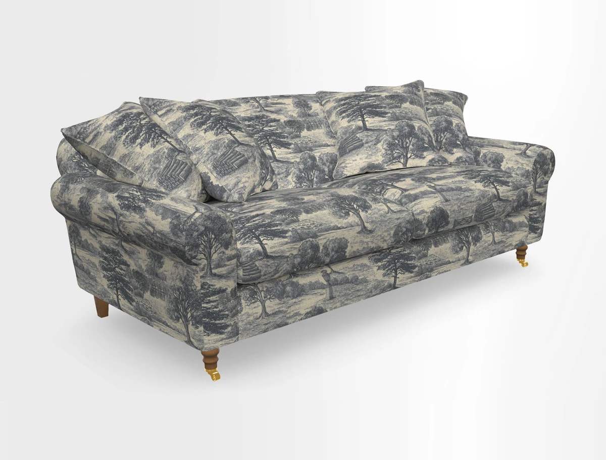 Walberswick 3 Seater Sofa in Etta's Bouquet Sunset Moss with scatters in Sussex Stripe Brick and Snape Chair in Almost Plain Velvet Spring