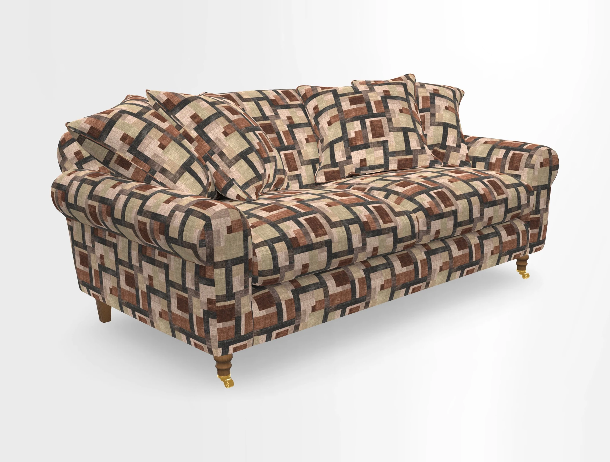 Walberswick 3 Seater Sofa in Etta's Bouquet Sunset Moss with scatters in Sussex Stripe Brick and Snape Chair in Almost Plain Velvet Spring