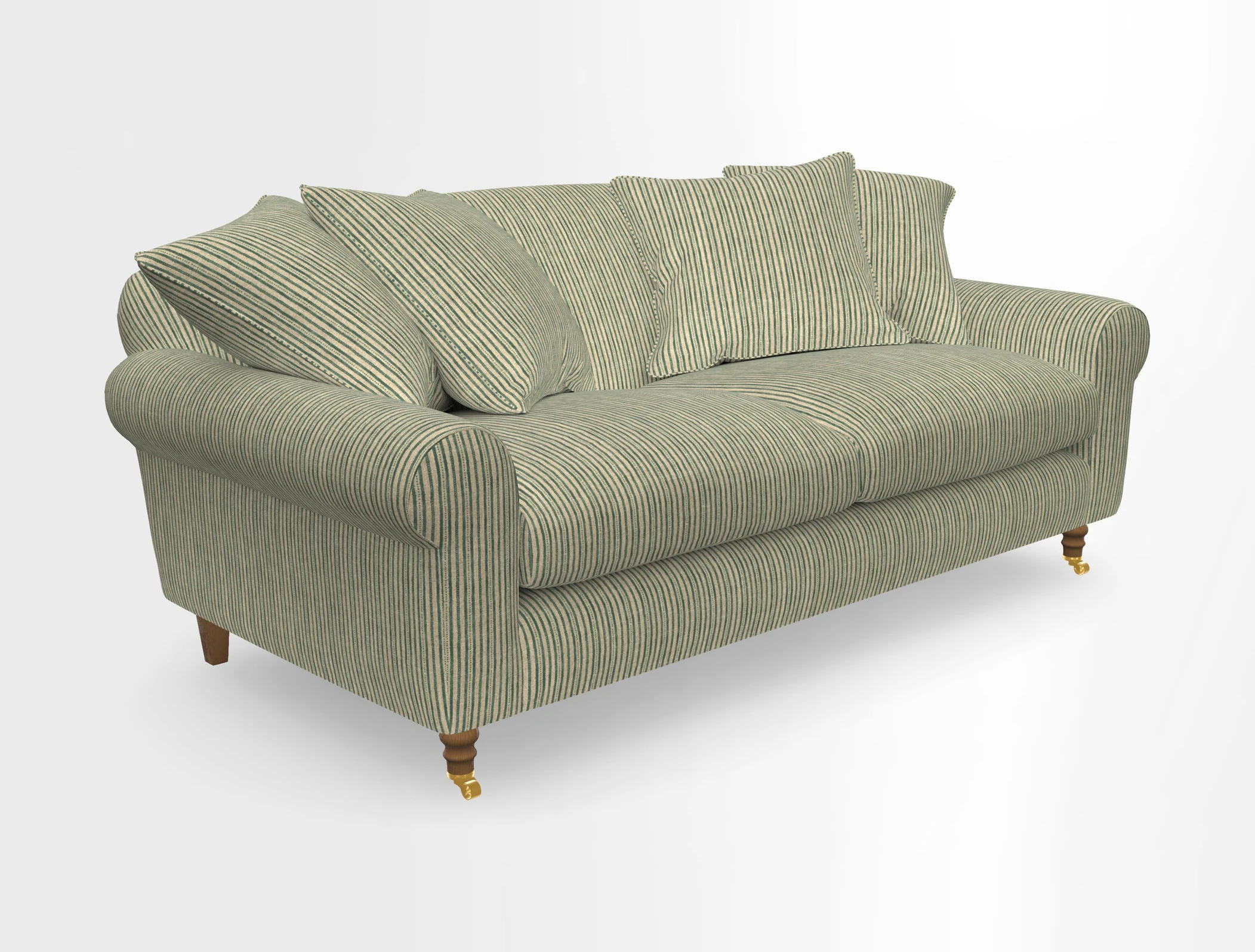 Walberswick 3 Seater Sofa in Etta's Bouquet Sunset Moss with scatters in Sussex Stripe Brick and Snape Chair in Almost Plain Velvet Spring