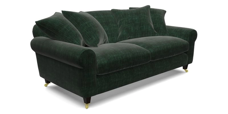 Walberswick 3 Seater Sofa in Etta's Bouquet Sunset Moss with scatters in Sussex Stripe Brick and Snape Chair in Almost Plain Velvet Spring