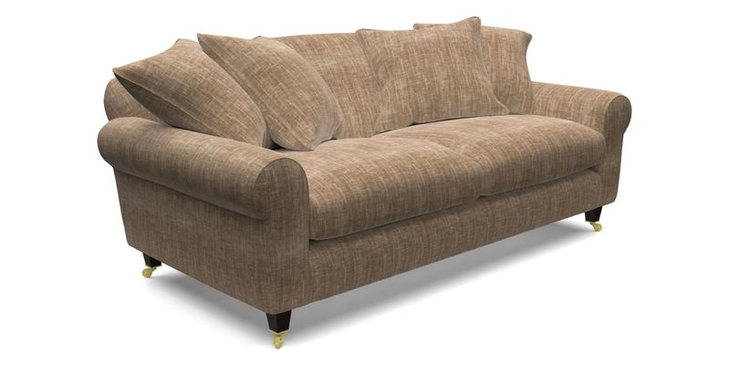 Walberswick 3 Seater Sofa in Etta's Bouquet Sunset Moss with scatters in Sussex Stripe Brick and Snape Chair in Almost Plain Velvet Spring