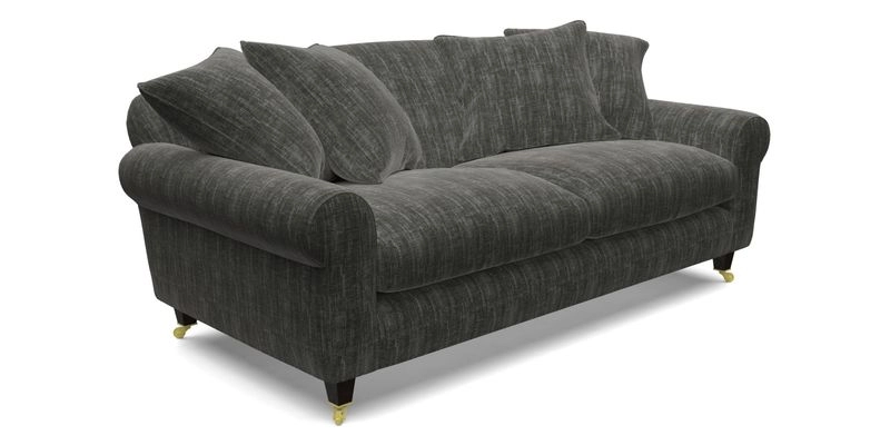 Walberswick 3 Seater Sofa in Etta's Bouquet Sunset Moss with scatters in Sussex Stripe Brick and Snape Chair in Almost Plain Velvet Spring