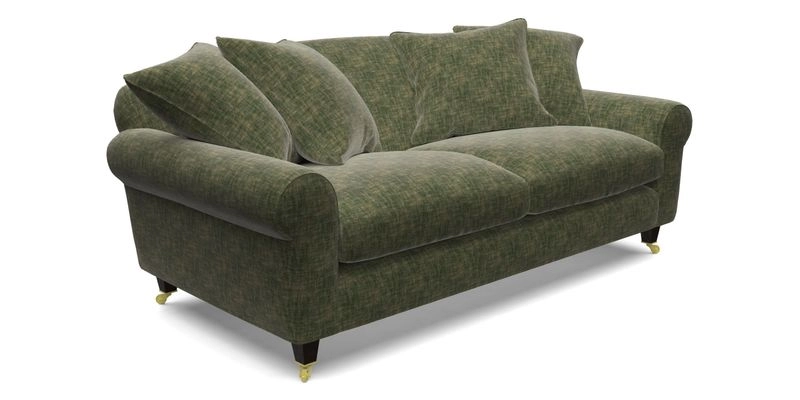 Walberswick 3 Seater Sofa in Etta's Bouquet Sunset Moss with scatters in Sussex Stripe Brick and Snape Chair in Almost Plain Velvet Spring