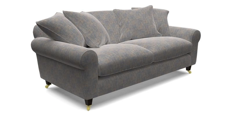 Walberswick 3 Seater Sofa in Etta's Bouquet Sunset Moss with scatters in Sussex Stripe Brick and Snape Chair in Almost Plain Velvet Spring