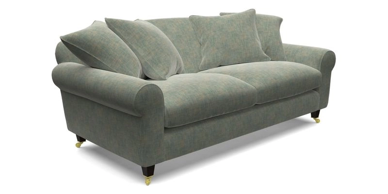 Walberswick 3 Seater Sofa in Etta's Bouquet Sunset Moss with scatters in Sussex Stripe Brick and Snape Chair in Almost Plain Velvet Spring