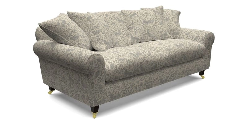 Walberswick 3 Seater Sofa in Etta's Bouquet Sunset Moss with scatters in Sussex Stripe Brick and Snape Chair in Almost Plain Velvet Spring