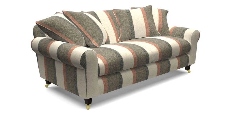 Walberswick 3 Seater Sofa in Etta's Bouquet Sunset Moss with scatters in Sussex Stripe Brick and Snape Chair in Almost Plain Velvet Spring