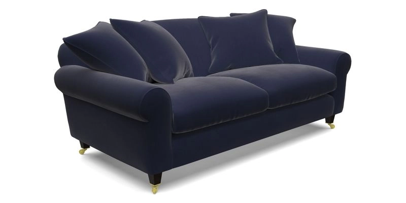 Walberswick 3 Seater Sofa in Etta's Bouquet Sunset Moss with scatters in Sussex Stripe Brick and Snape Chair in Almost Plain Velvet Spring