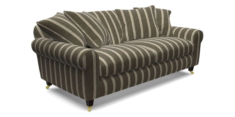 Walberswick 3 Seater Sofa in Etta's Bouquet Sunset Moss with scatters in Sussex Stripe Brick and Snape Chair in Almost Plain Velvet Spring