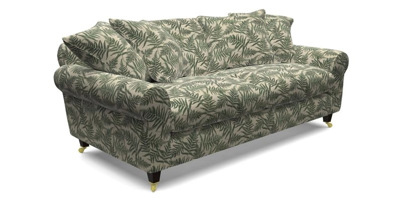 Walberswick 3 Seater Sofa in Etta's Bouquet Sunset Moss with scatters in Sussex Stripe Brick and Snape Chair in Almost Plain Velvet Spring