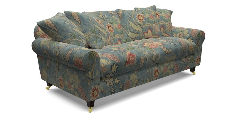 Walberswick 3 Seater Sofa in Etta's Bouquet Sunset Moss with scatters in Sussex Stripe Brick and Snape Chair in Almost Plain Velvet Spring