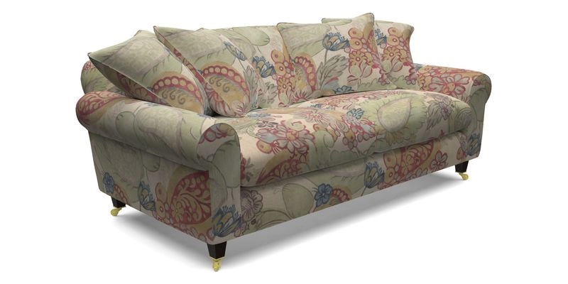 Walberswick 3 Seater Sofa in Etta's Bouquet Sunset Moss with scatters in Sussex Stripe Brick and Snape Chair in Almost Plain Velvet Spring