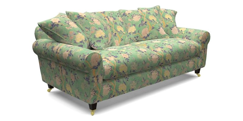 Walberswick 3 Seater Sofa in Etta's Bouquet Sunset Moss with scatters in Sussex Stripe Brick and Snape Chair in Almost Plain Velvet Spring