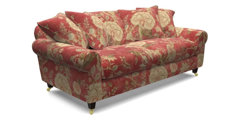 Walberswick 3 Seater Sofa in Etta's Bouquet Sunset Moss with scatters in Sussex Stripe Brick and Snape Chair in Almost Plain Velvet Spring