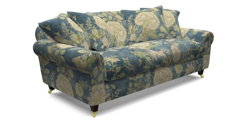 Walberswick 3 Seater Sofa in Etta's Bouquet Sunset Moss with scatters in Sussex Stripe Brick and Snape Chair in Almost Plain Velvet Spring