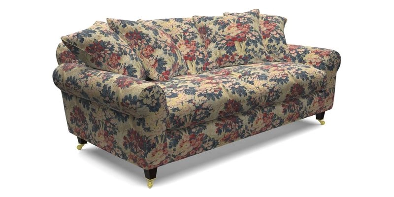 Walberswick 3 Seater Sofa in Etta's Bouquet Sunset Moss with scatters in Sussex Stripe Brick and Snape Chair in Almost Plain Velvet Spring
