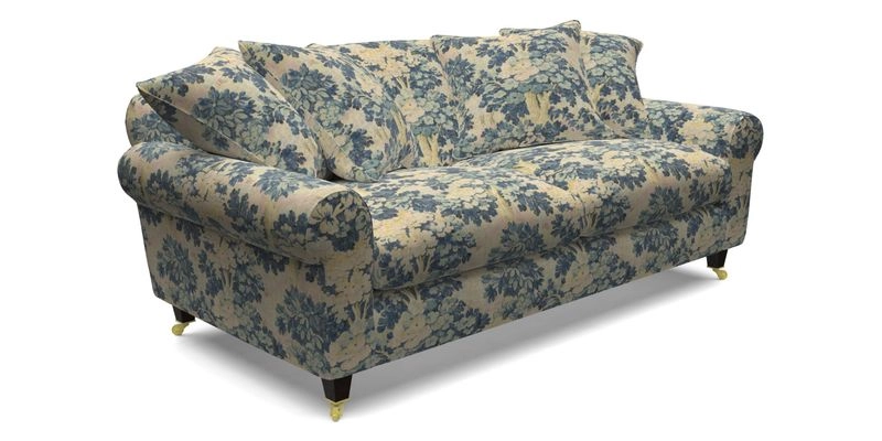 Walberswick 3 Seater Sofa in Etta's Bouquet Sunset Moss with scatters in Sussex Stripe Brick and Snape Chair in Almost Plain Velvet Spring