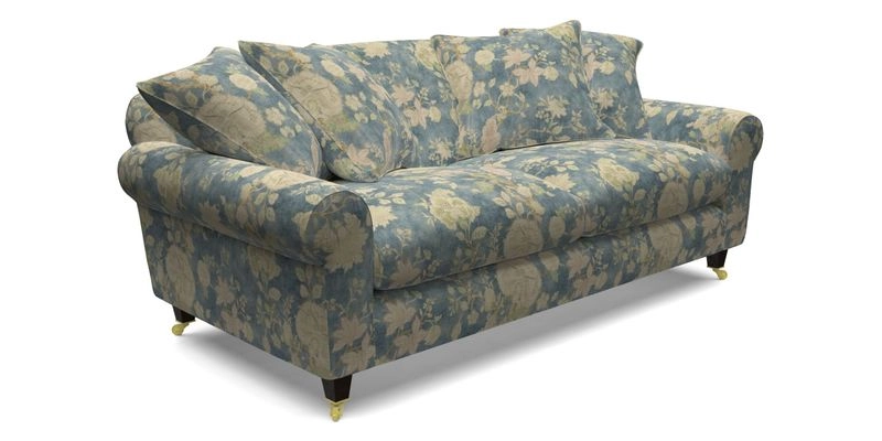 Walberswick 3 Seater Sofa in Etta's Bouquet Sunset Moss with scatters in Sussex Stripe Brick and Snape Chair in Almost Plain Velvet Spring