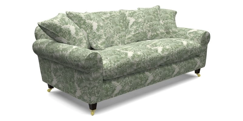 Walberswick 3 Seater Sofa in Etta's Bouquet Sunset Moss with scatters in Sussex Stripe Brick and Snape Chair in Almost Plain Velvet Spring