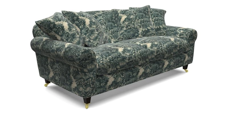 Walberswick 3 Seater Sofa in Etta's Bouquet Sunset Moss with scatters in Sussex Stripe Brick and Snape Chair in Almost Plain Velvet Spring