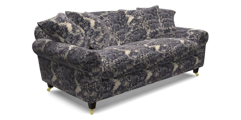 Walberswick 3 Seater Sofa in Etta's Bouquet Sunset Moss with scatters in Sussex Stripe Brick and Snape Chair in Almost Plain Velvet Spring