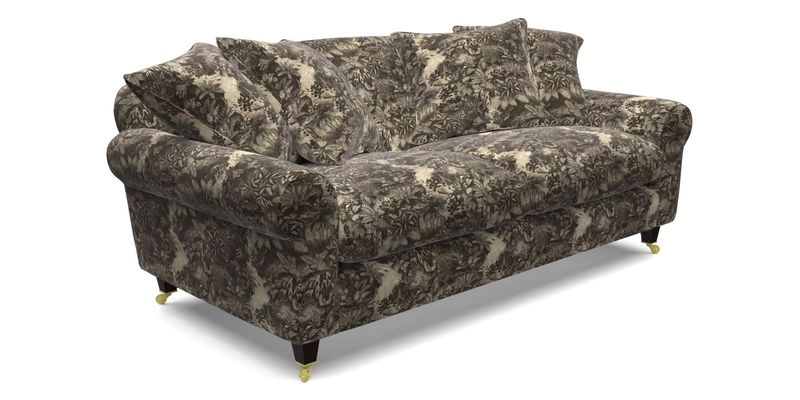 Walberswick 3 Seater Sofa in Etta's Bouquet Sunset Moss with scatters in Sussex Stripe Brick and Snape Chair in Almost Plain Velvet Spring