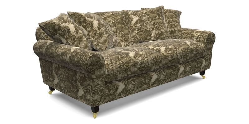 Walberswick 3 Seater Sofa in Etta's Bouquet Sunset Moss with scatters in Sussex Stripe Brick and Snape Chair in Almost Plain Velvet Spring