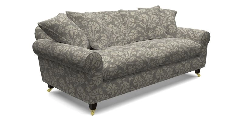 Walberswick 3 Seater Sofa in Etta's Bouquet Sunset Moss with scatters in Sussex Stripe Brick and Snape Chair in Almost Plain Velvet Spring