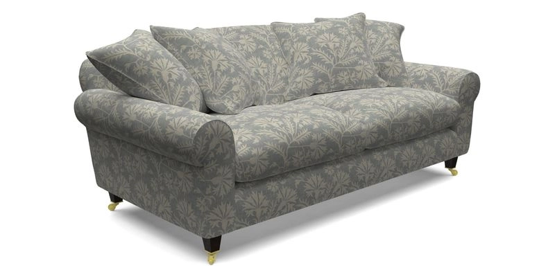 Walberswick 3 Seater Sofa in Etta's Bouquet Sunset Moss with scatters in Sussex Stripe Brick and Snape Chair in Almost Plain Velvet Spring