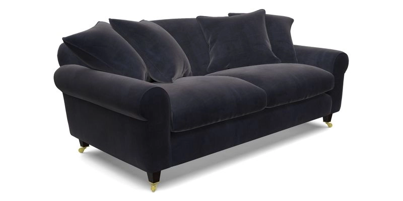 Walberswick 3 Seater Sofa in Etta's Bouquet Sunset Moss with scatters in Sussex Stripe Brick and Snape Chair in Almost Plain Velvet Spring