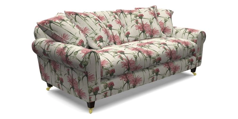 Walberswick 3 Seater Sofa in Etta's Bouquet Sunset Moss with scatters in Sussex Stripe Brick and Snape Chair in Almost Plain Velvet Spring