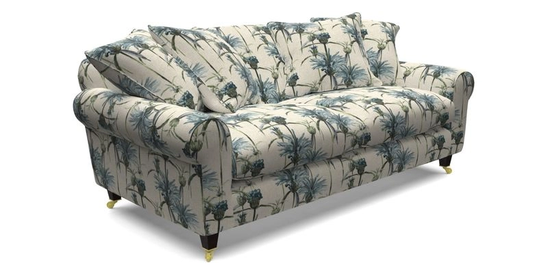 Walberswick 3 Seater Sofa in Etta's Bouquet Sunset Moss with scatters in Sussex Stripe Brick and Snape Chair in Almost Plain Velvet Spring