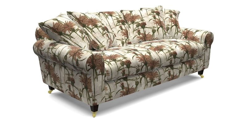 Walberswick 3 Seater Sofa in Etta's Bouquet Sunset Moss with scatters in Sussex Stripe Brick and Snape Chair in Almost Plain Velvet Spring