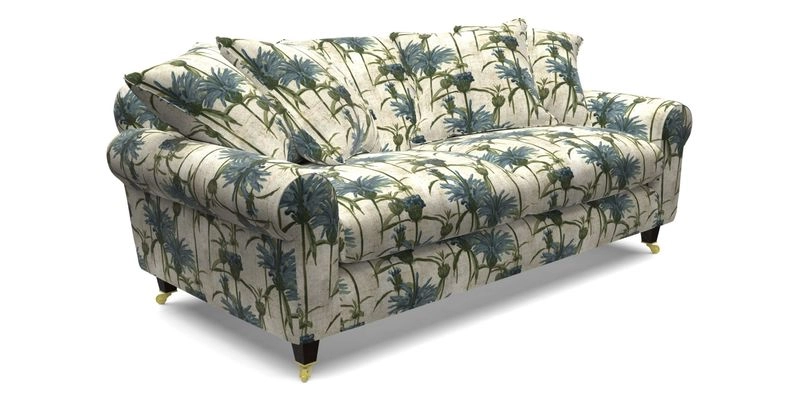 Walberswick 3 Seater Sofa in Etta's Bouquet Sunset Moss with scatters in Sussex Stripe Brick and Snape Chair in Almost Plain Velvet Spring