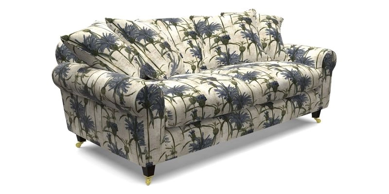 Walberswick 3 Seater Sofa in Etta's Bouquet Sunset Moss with scatters in Sussex Stripe Brick and Snape Chair in Almost Plain Velvet Spring