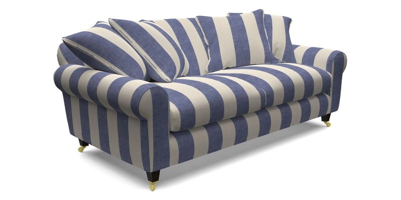 Walberswick 3 Seater Sofa in Etta's Bouquet Sunset Moss with scatters in Sussex Stripe Brick and Snape Chair in Almost Plain Velvet Spring