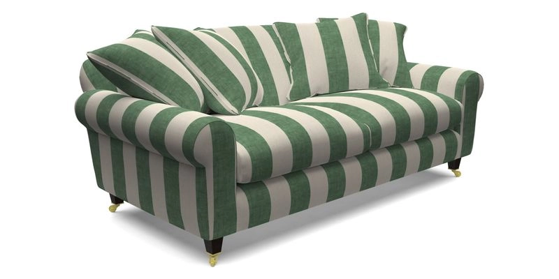 Walberswick 3 Seater Sofa in Etta's Bouquet Sunset Moss with scatters in Sussex Stripe Brick and Snape Chair in Almost Plain Velvet Spring