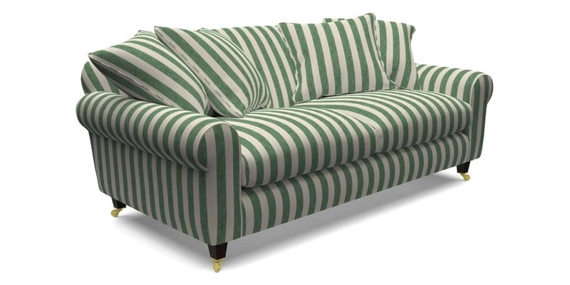 Walberswick 3 Seater Sofa in Etta's Bouquet Sunset Moss with scatters in Sussex Stripe Brick and Snape Chair in Almost Plain Velvet Spring