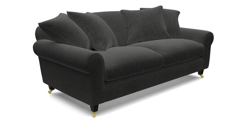 Walberswick 3 Seater Sofa in Etta's Bouquet Sunset Moss with scatters in Sussex Stripe Brick and Snape Chair in Almost Plain Velvet Spring