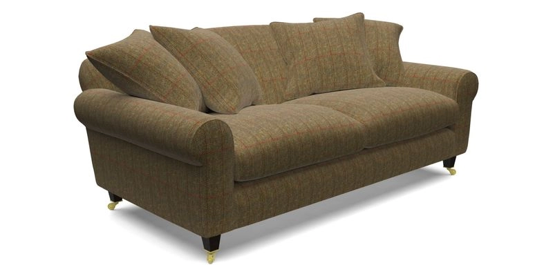 Walberswick 3 Seater Sofa in Etta's Bouquet Sunset Moss with scatters in Sussex Stripe Brick and Snape Chair in Almost Plain Velvet Spring