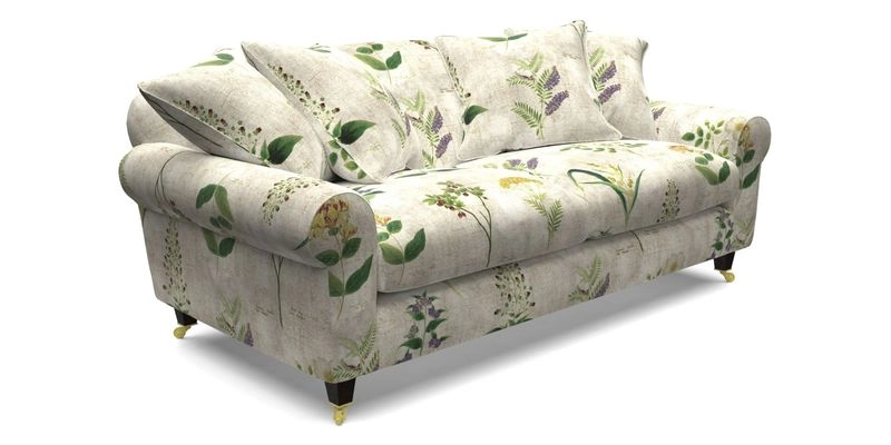 Walberswick 3 Seater Sofa in Etta's Bouquet Sunset Moss with scatters in Sussex Stripe Brick and Snape Chair in Almost Plain Velvet Spring