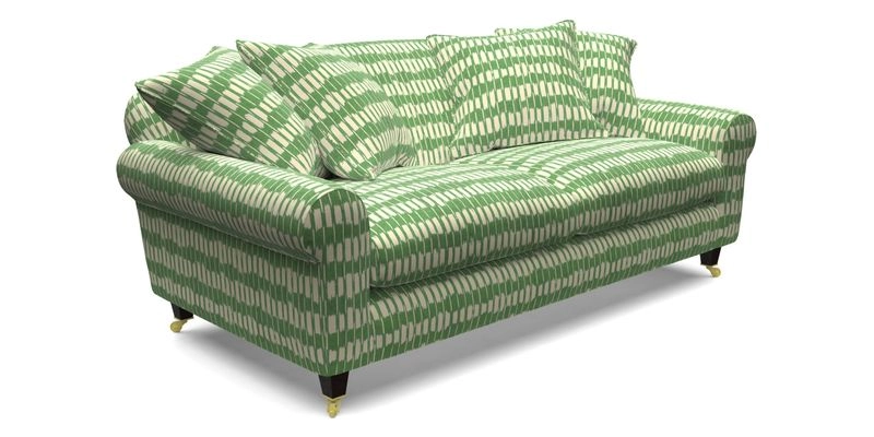 Walberswick 3 Seater Sofa in Etta's Bouquet Sunset Moss with scatters in Sussex Stripe Brick and Snape Chair in Almost Plain Velvet Spring