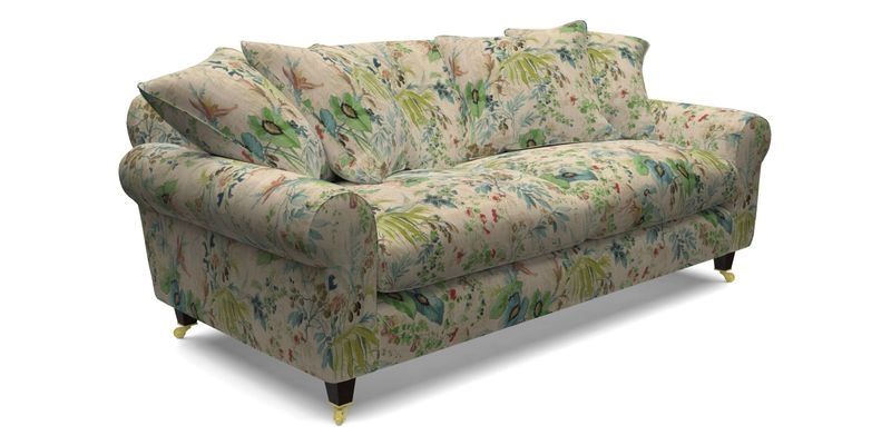 Walberswick 3 Seater Sofa in Etta's Bouquet Sunset Moss with scatters in Sussex Stripe Brick and Snape Chair in Almost Plain Velvet Spring