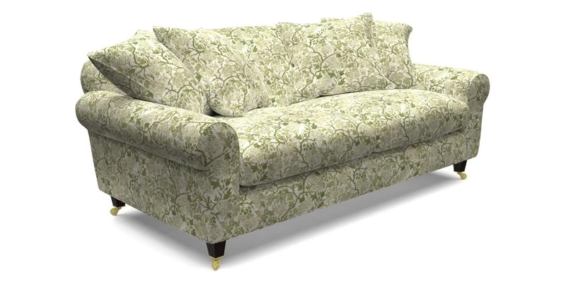 Walberswick 3 Seater Sofa in Etta's Bouquet Sunset Moss with scatters in Sussex Stripe Brick and Snape Chair in Almost Plain Velvet Spring